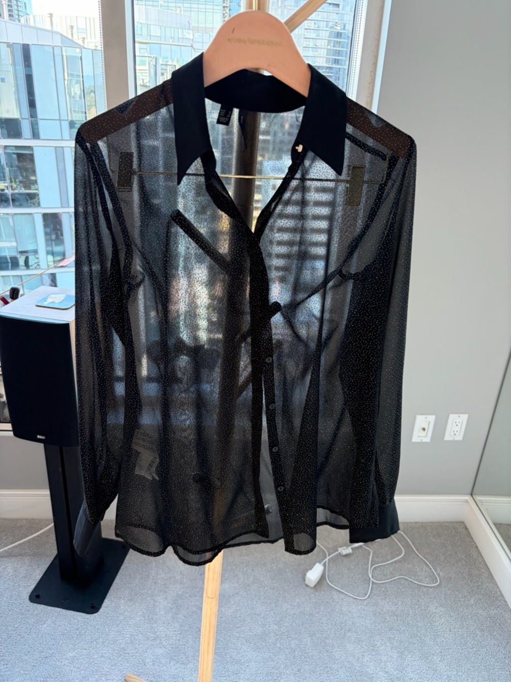 Mango Sheer Black Button-Up Blouse